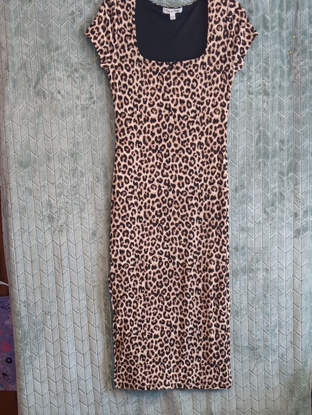 Leopard Print Square Neck Midi Dress - Black & Tan